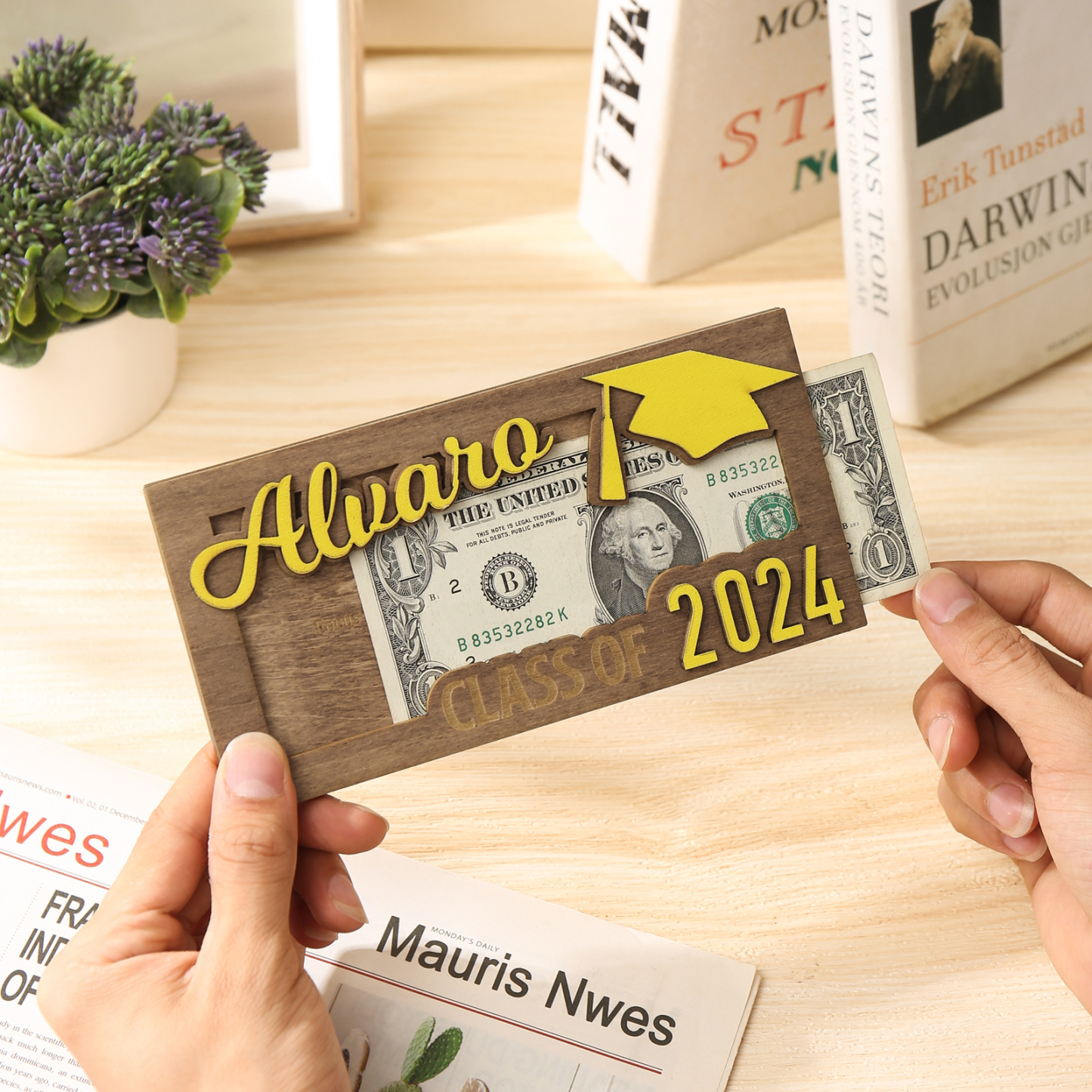 Porte-Cartes Diplômé en bois Prénom et Texte Personnalisés Cadeau de Graduation
