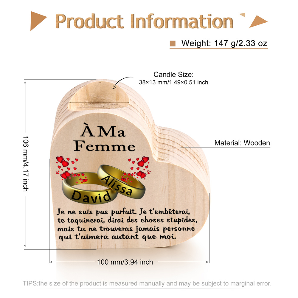 À Ma Femme-Bougeoir en Bois Couple 2 Prénoms Personnalisés sans bougie