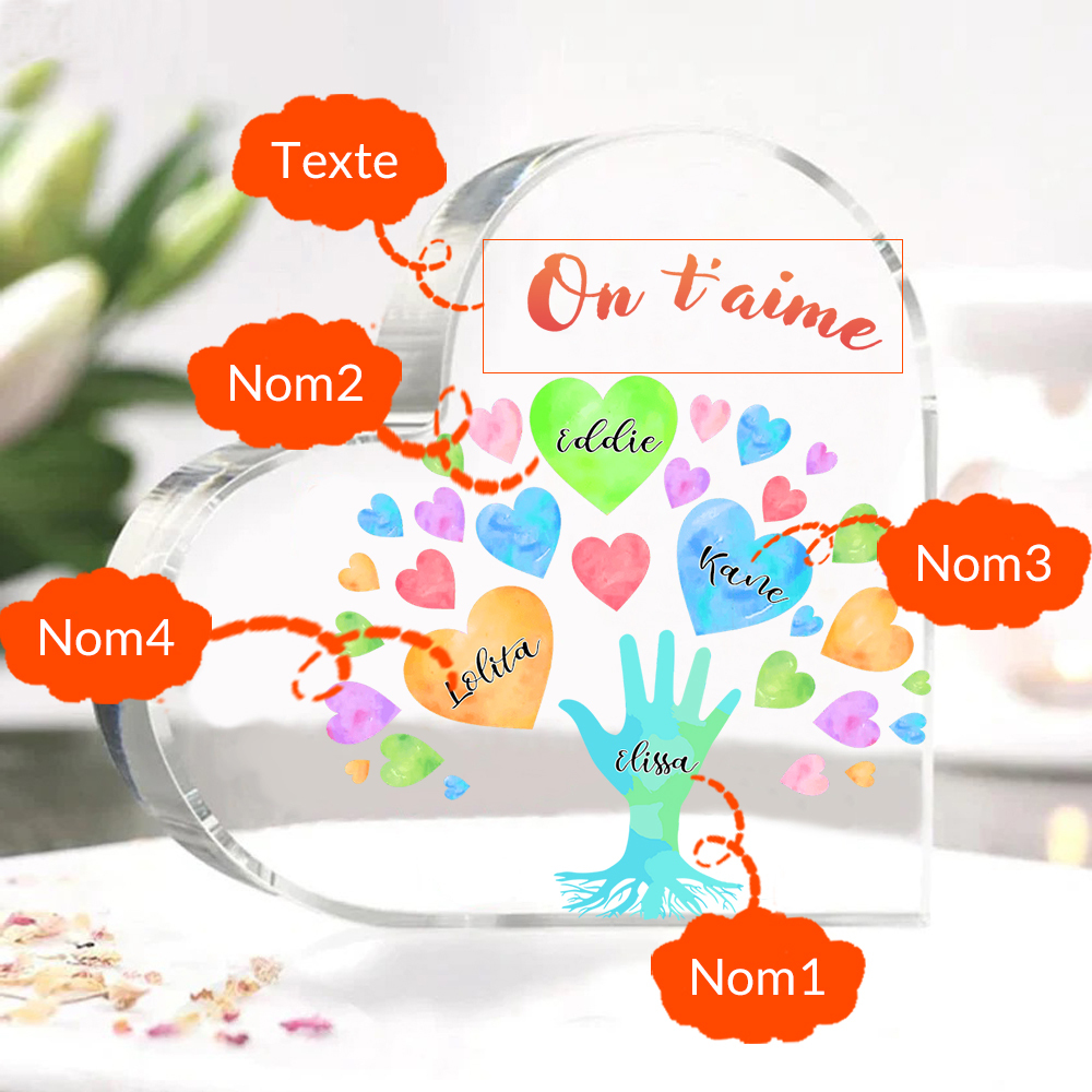 Plaque Acrylique en Forme de Cœur 4 Prénoms Personnalisés avec Texte pour Famille