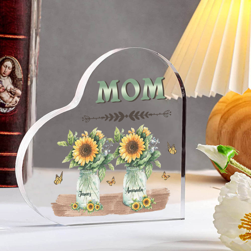 À ma Maman/Mamie - Plaque Acrylique en Forme de Cœur Fleurs 2 Prénoms Personnalisés avec 1 Texte