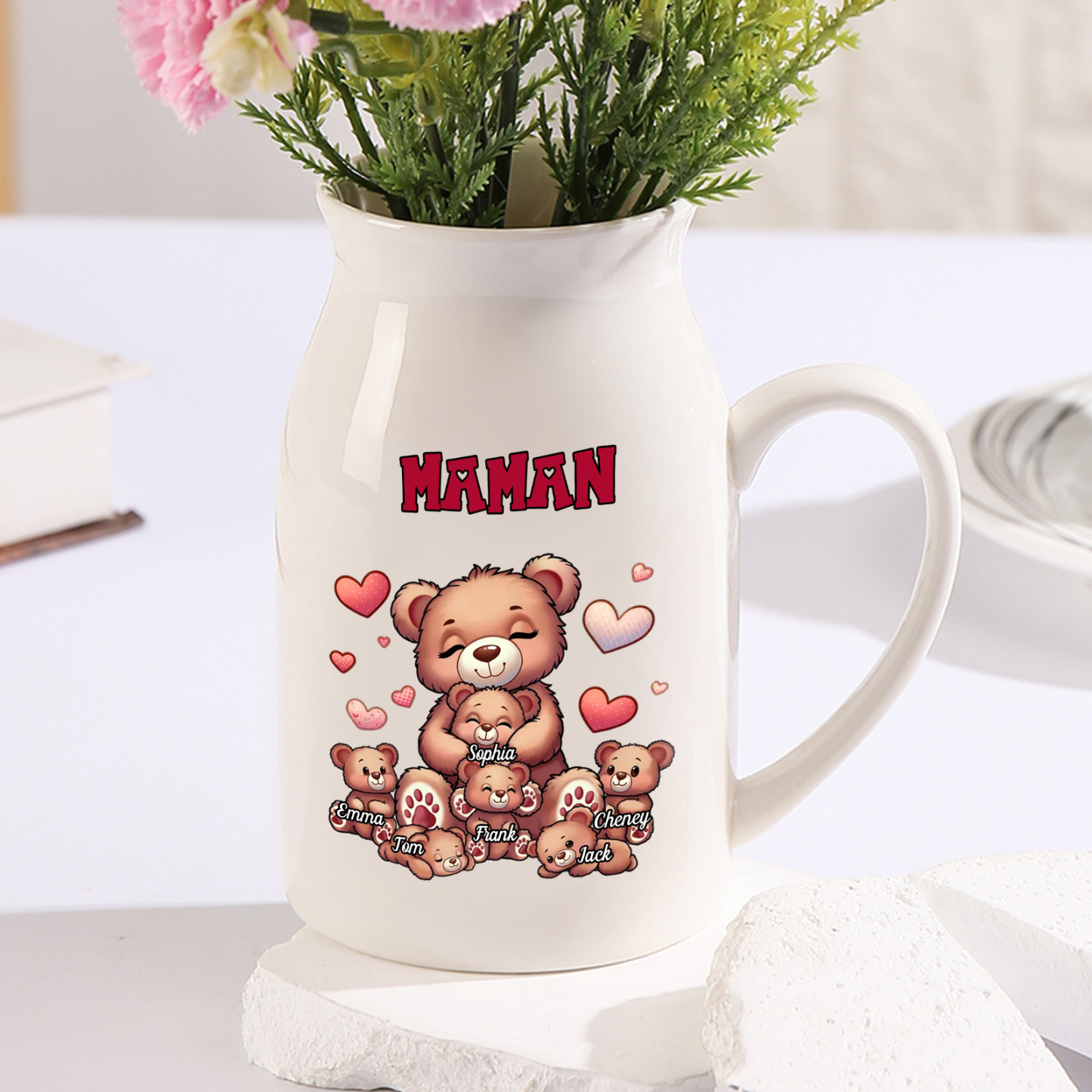 Vase à Fleurs Ours 6 Prénoms Personnalisés avec Texte Décoration de la Maison