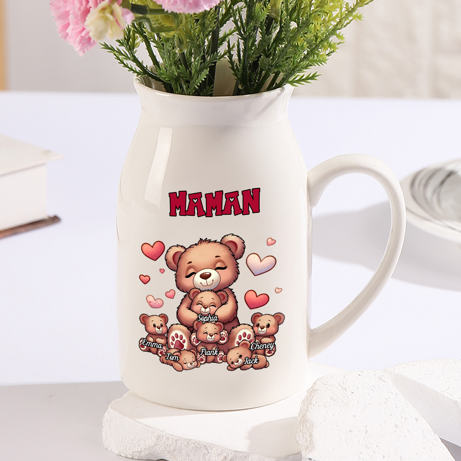 Vase à Fleurs Ours 6 Prénoms Personnalisés avec Texte Décoration de la Maison