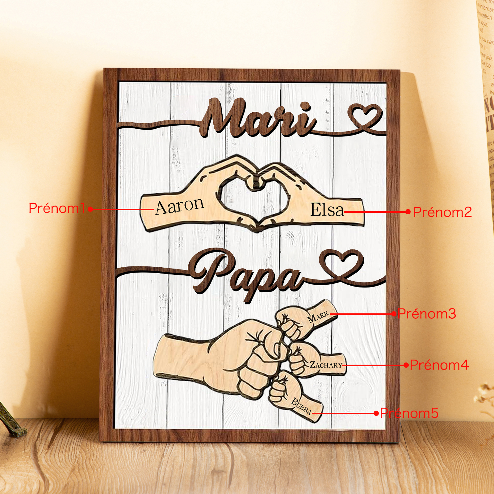 À mon Papa/Mari-Cadre en Bois Mains et Poings 5 Prénoms Personnalisés