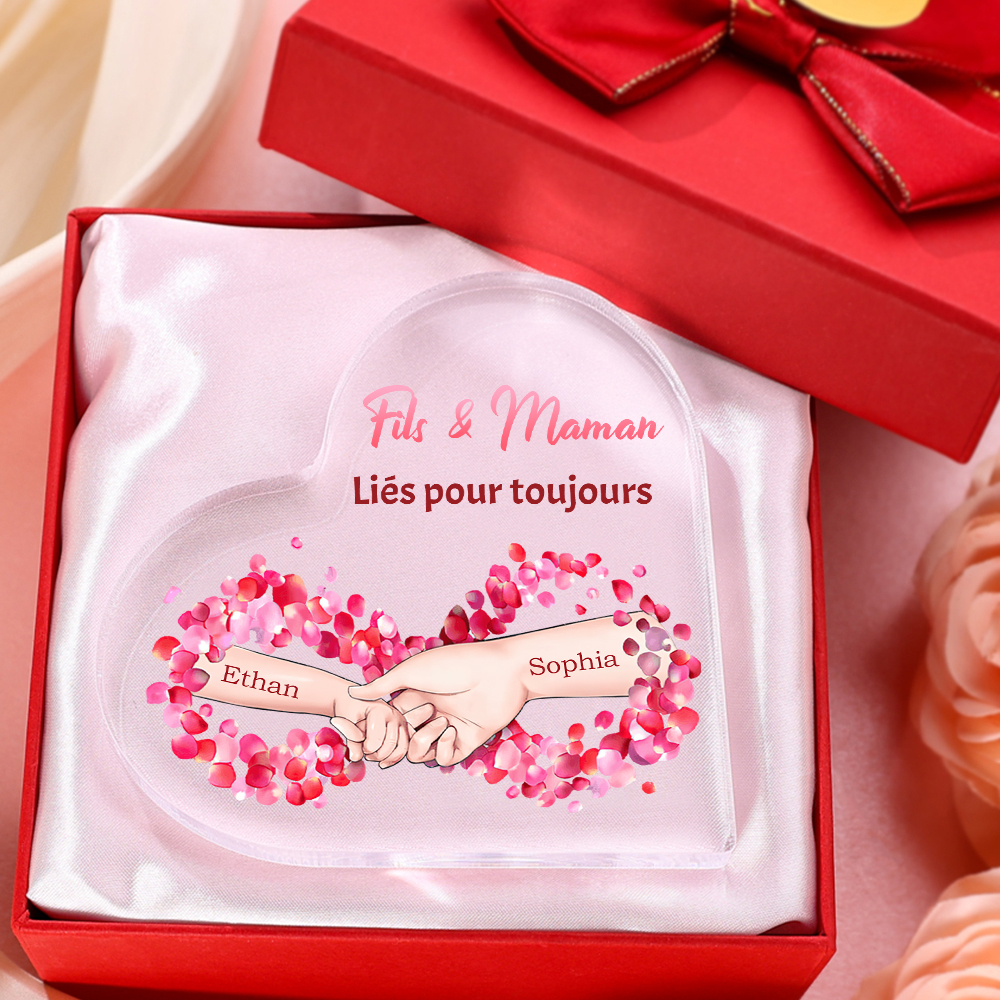 À ma Maman - Plaque Acrylique Maman et Fils en Forme de Cœur 2 Prénoms Personnalisés
