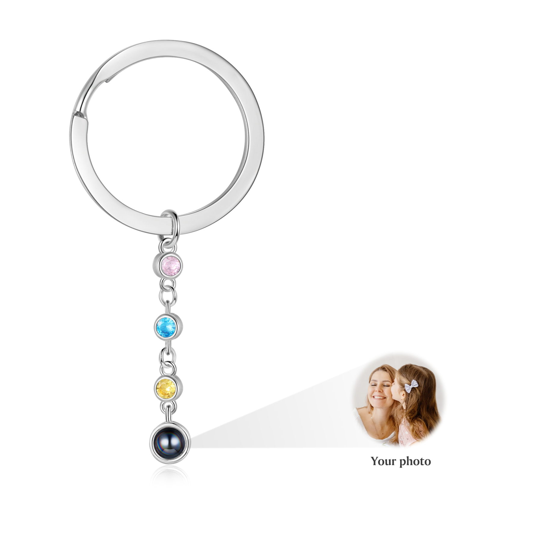 Porte-Clés de Projection Photo Personnalisée 3 Pierres de Naissance