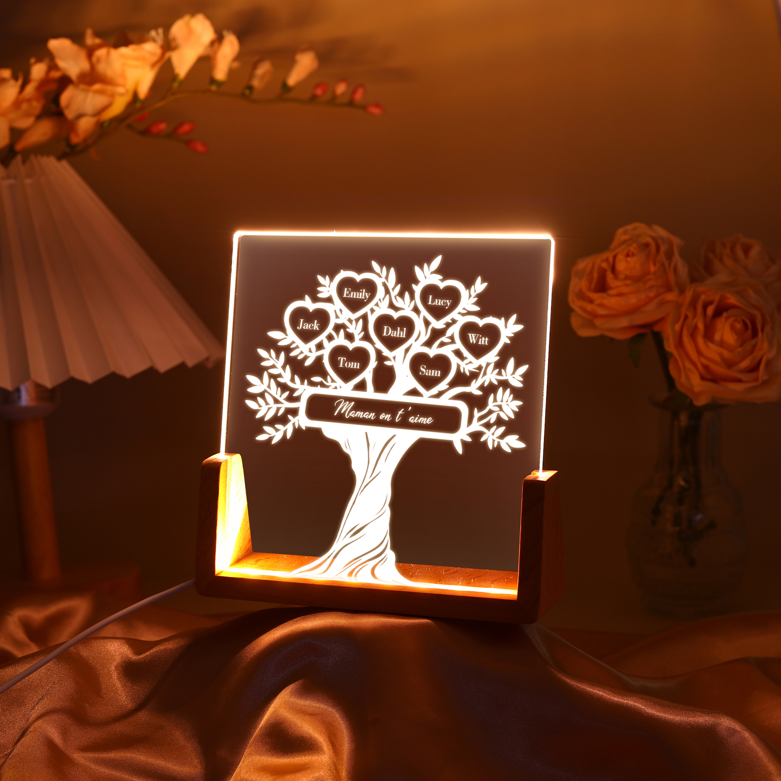 À Maman/Mamie - Lampe de chevet LED Arbre de Vie 7 Prénoms Personnalisés avec Texte pour Famille