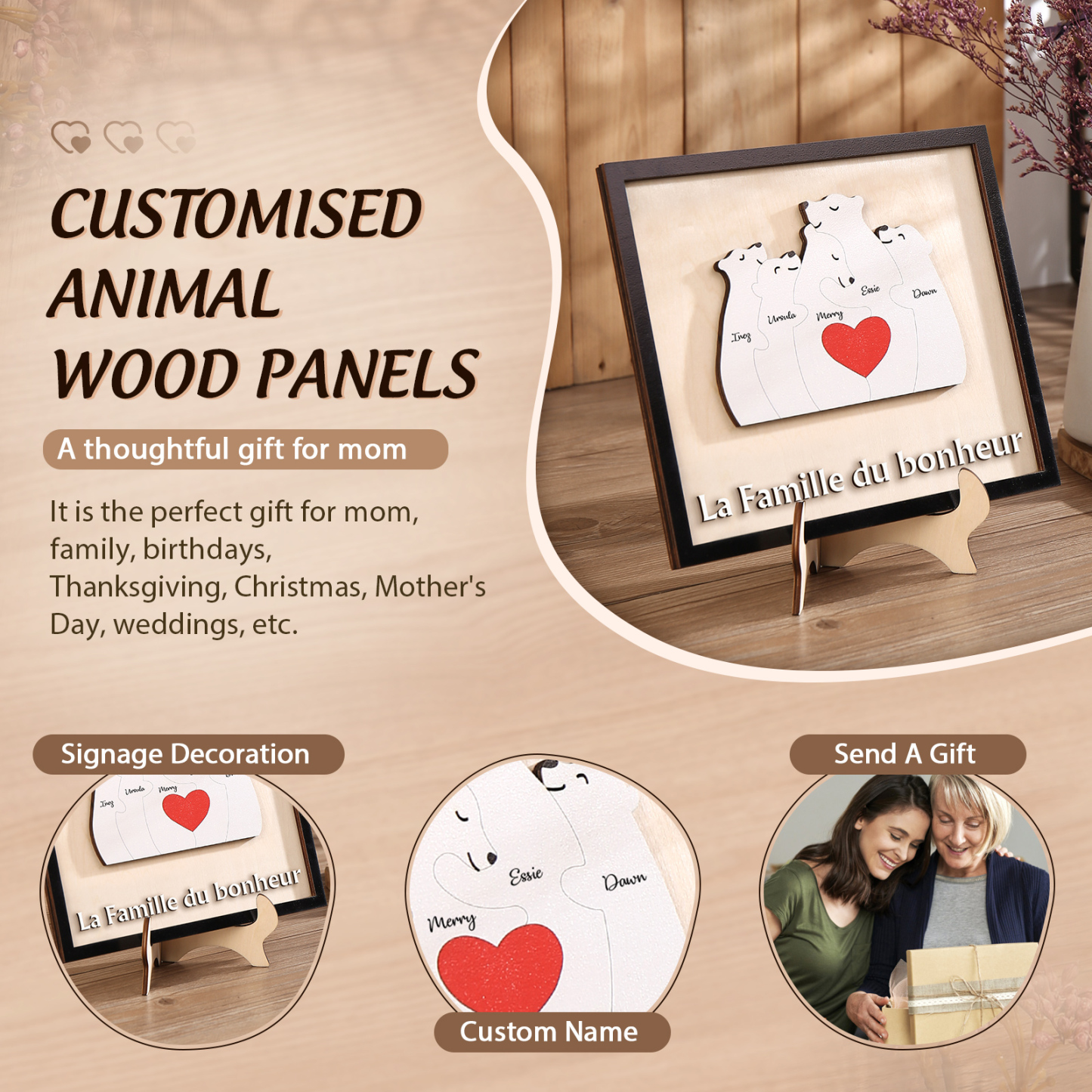À ma Famille - Décoration en bois Ours 5 Prénoms Personnalisés Ornement pour Famille