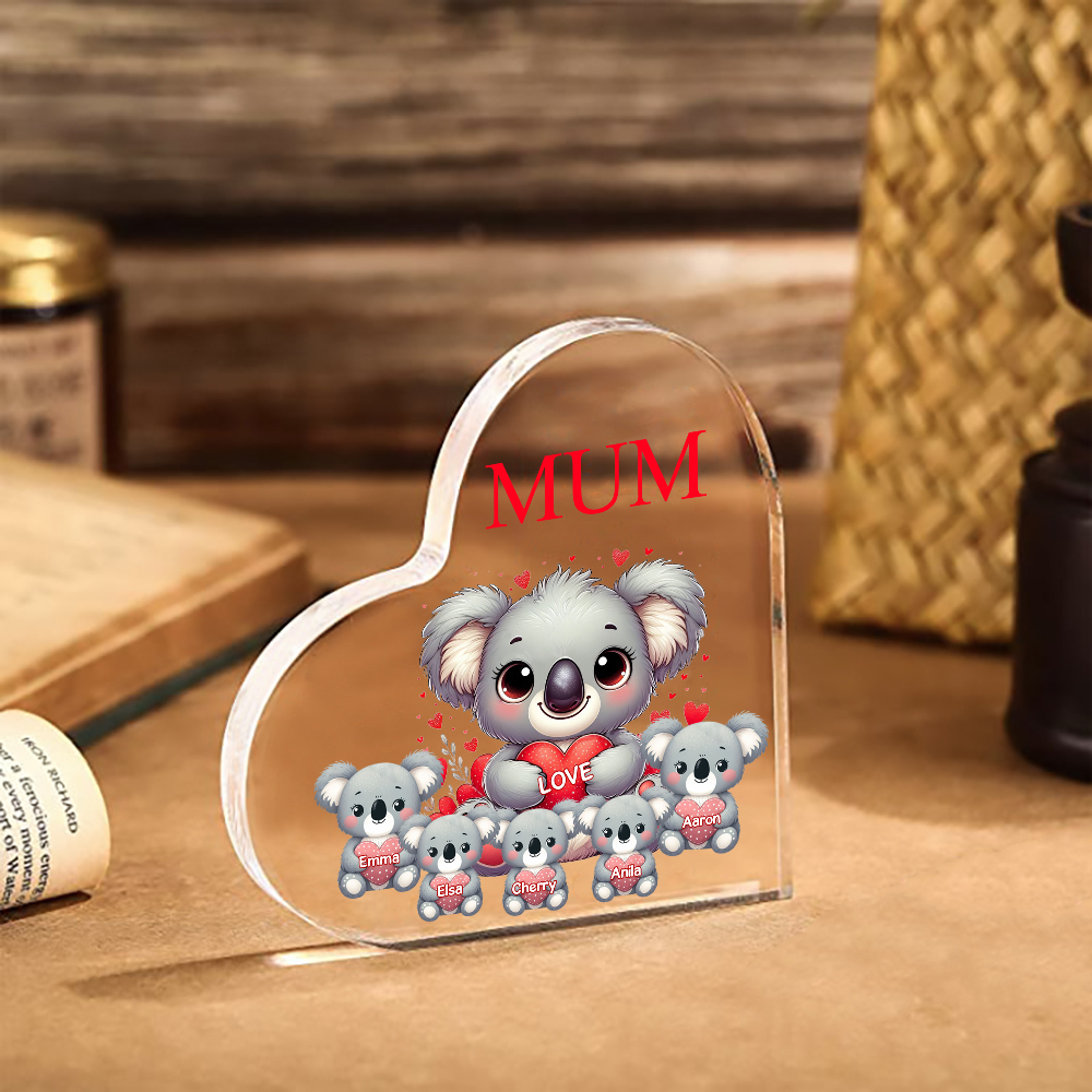 À ma Maman/Mamie - Plaque Acrylique en Forme de Cœur Koala 5 Prénoms Personnalisés avec 1 Texte