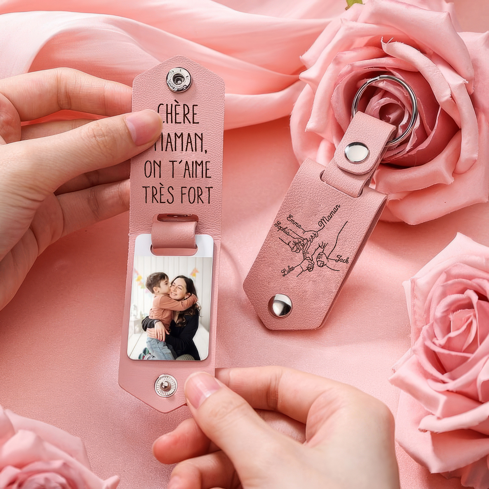 À ma Maman - Porte-Clés Cuir la Main dans la Main 4 Prénoms Personnalisés avec Photo