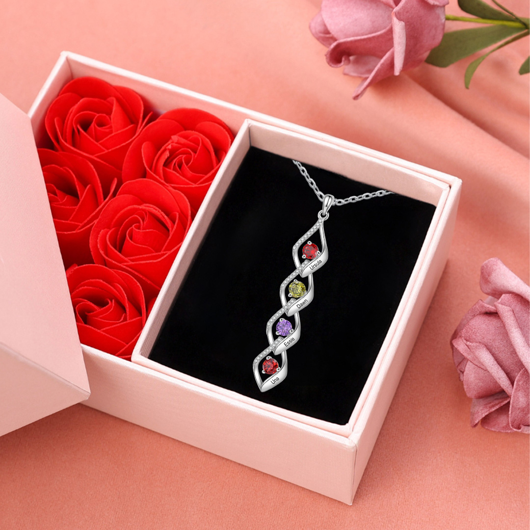 Collier Pendentif infini 4 Prénoms Personnalisés avec Pierre de naissance pour Femmes cadeau pour femme anniversaire | Jessemade