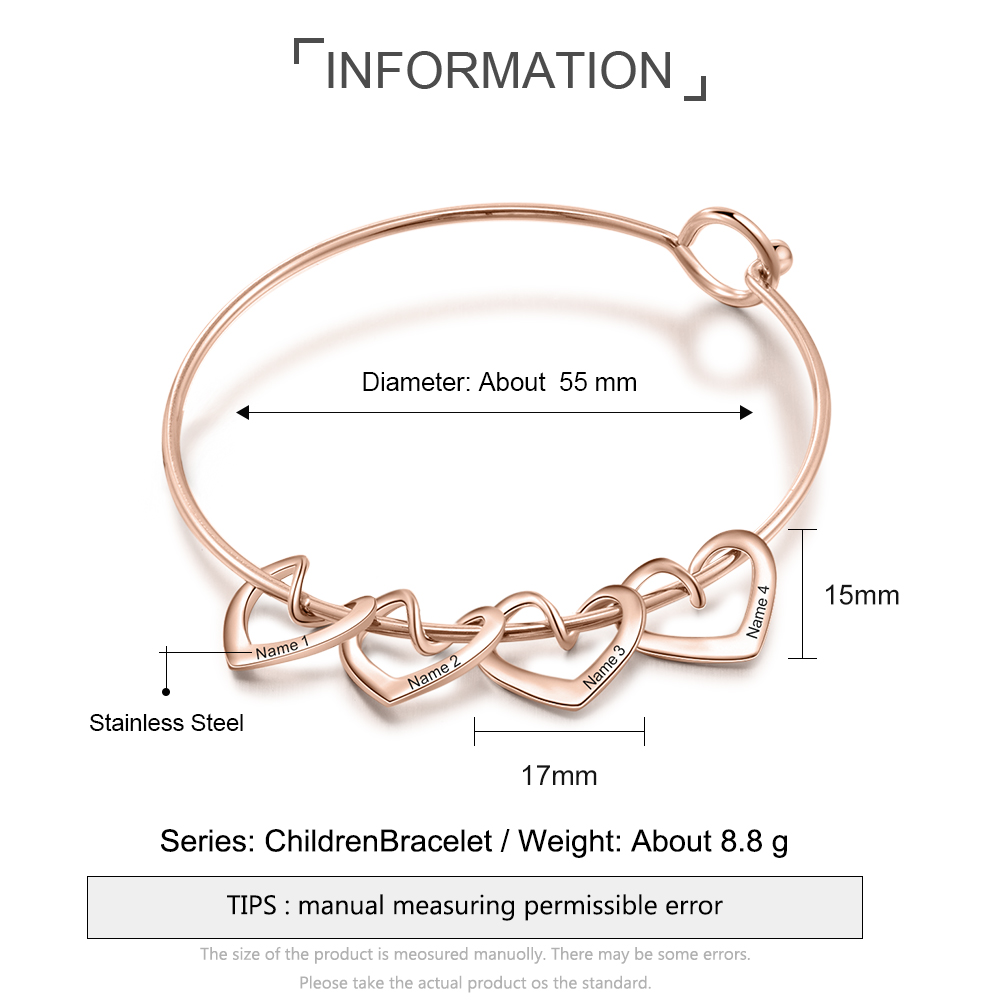 Bracelet Enfant 4 Prénoms Personnalisés avec 4 Cœur Breloques