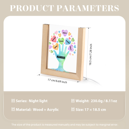 À Maman/Mamie - Lampe de chevet LED Main et Cœur 6 Prénoms Personnalisés avec 1 Texte
