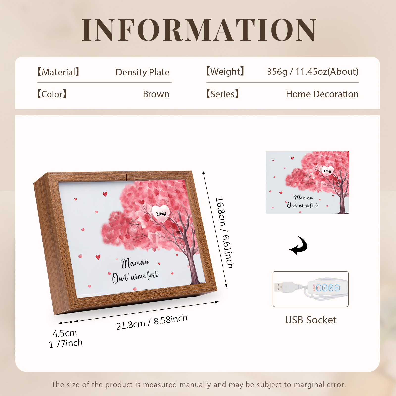 Cadre Photo LED Arbre 1 Prénom Personnalisé avec 1 Texte Décoration Famille