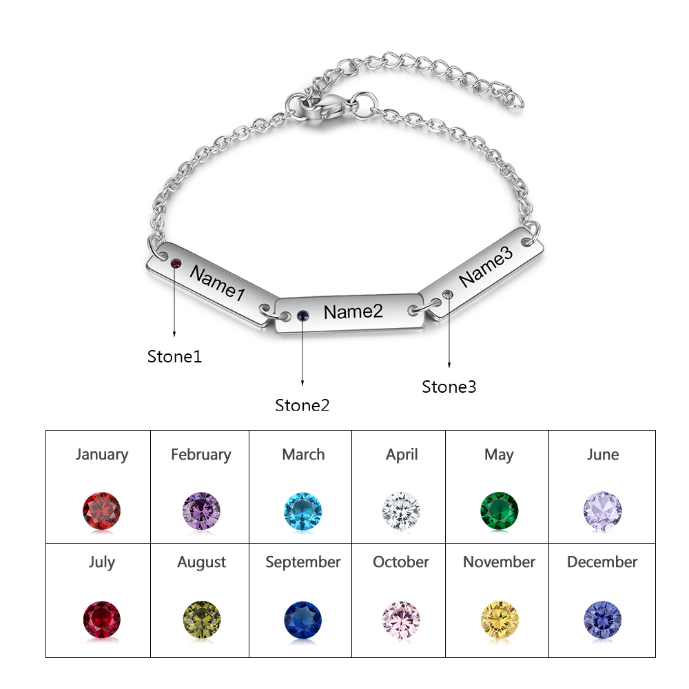 Bracelet 3 Prénom Personnalisé avec 3 Pierre de Naissance
