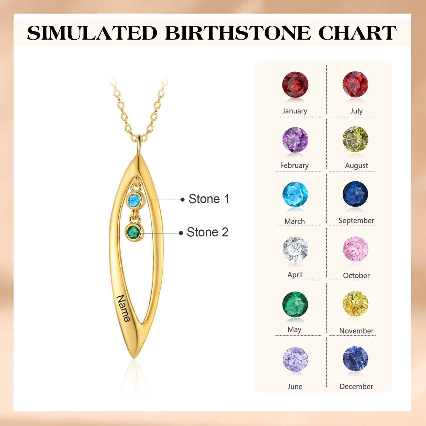 Collier Pendentif Feuilles 1 Prénom et 2 Pierres de Naissance Personnalisés Collier Femmes
