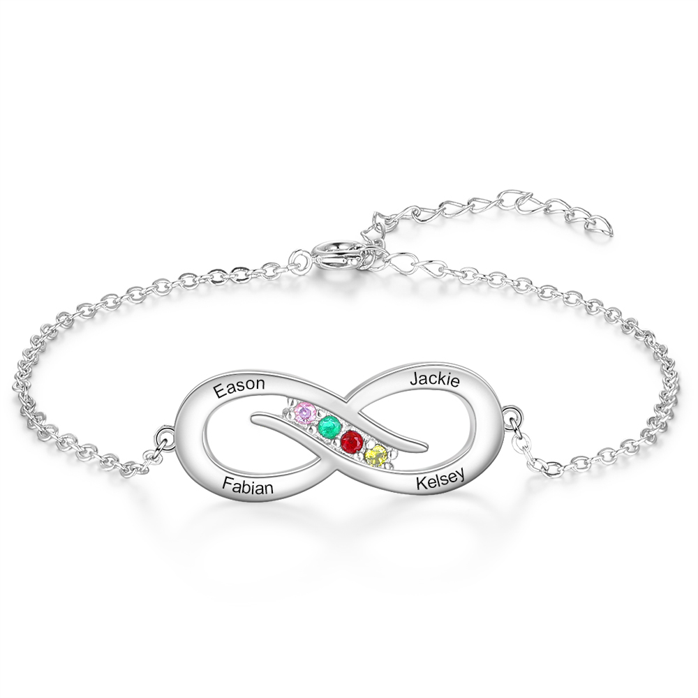 Bracelet infini 4 Prénom Personnalisé avec 4 Pierre de Naissance
