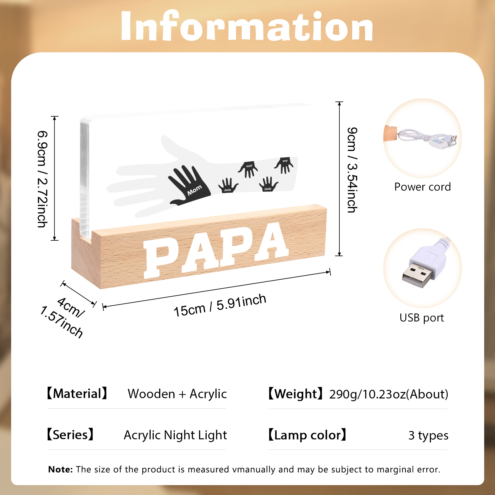 À Papa/Maman- Lampe de chevet LED Mains 5 Prénoms Personnalisés avec Texte pour Famille