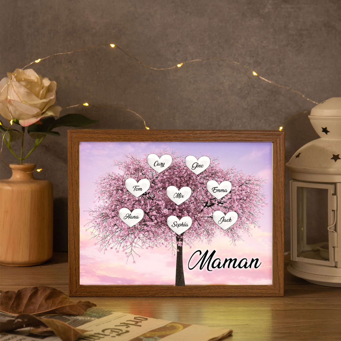 Cadre Photo LED Arbre de Vie 8 Prénoms et 1 Texte Personnalisé Décoration Famille