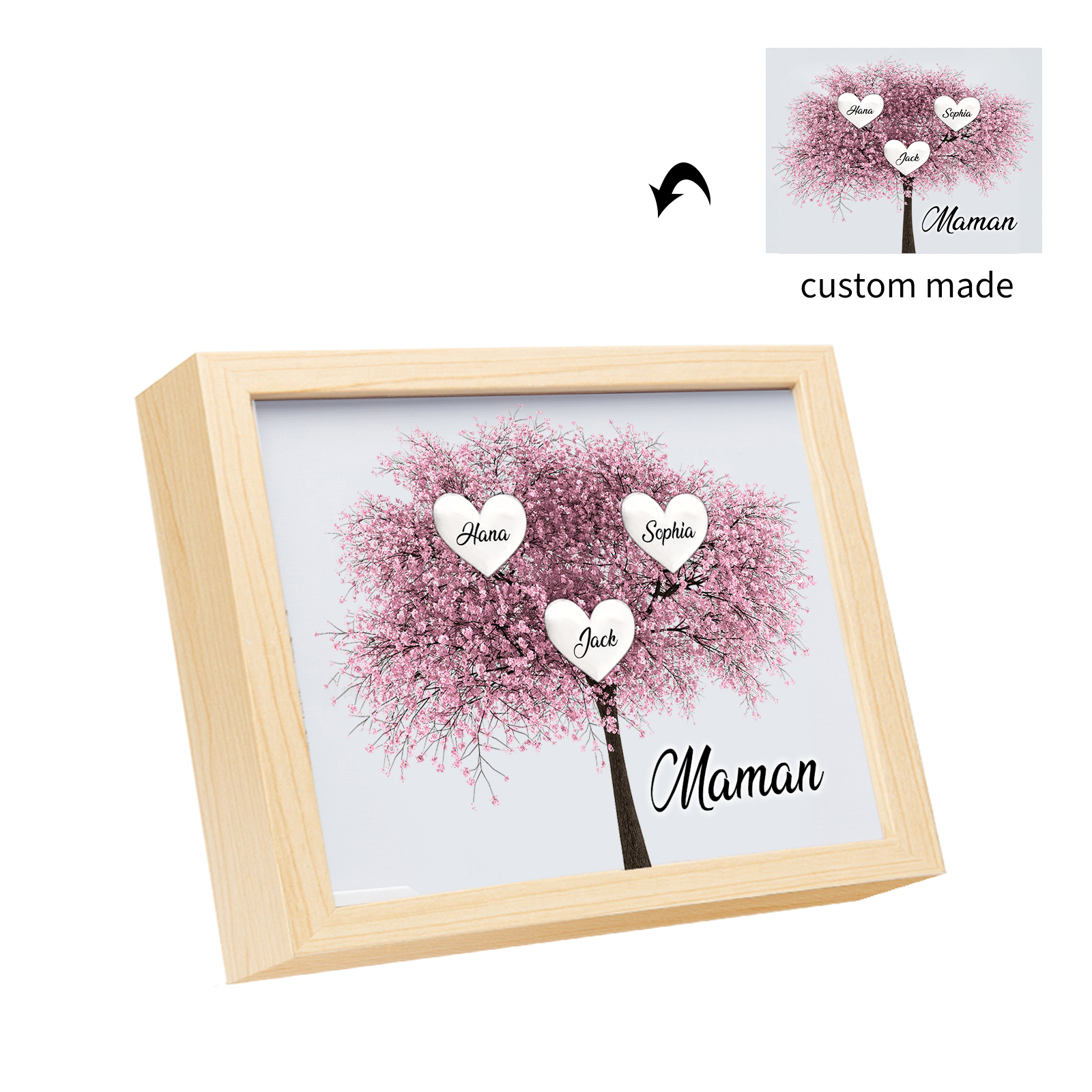 Cadre Photo LED Arbre de Vie 3 Prénoms et 1 Texte Personnalisé Décoration Famille