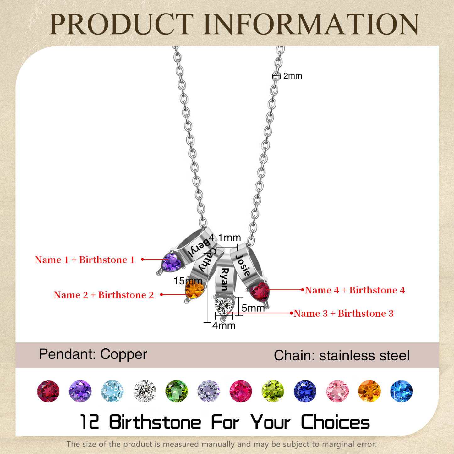 Collier Pendentif Cœur 4 Prénoms et Pierres de Naissance Personnalisés Collier Femmes