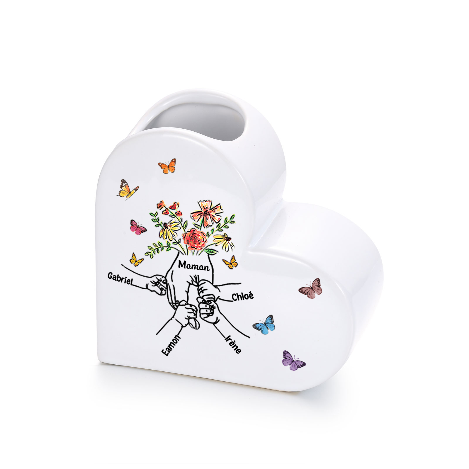 Vase Cœur en Céramique Personnalisé (2–8 Prénoms), Motif « Mains dans la main », Cadeau pour Maman ou Mamie