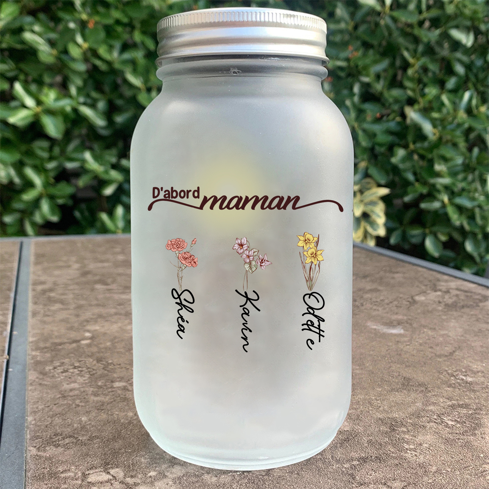 Bouteille Lumineuse Personnalisée, Bocal lumineux Solaire avec 2 à 12 fleurs de naissance – D'abord maman, maintenant mamie