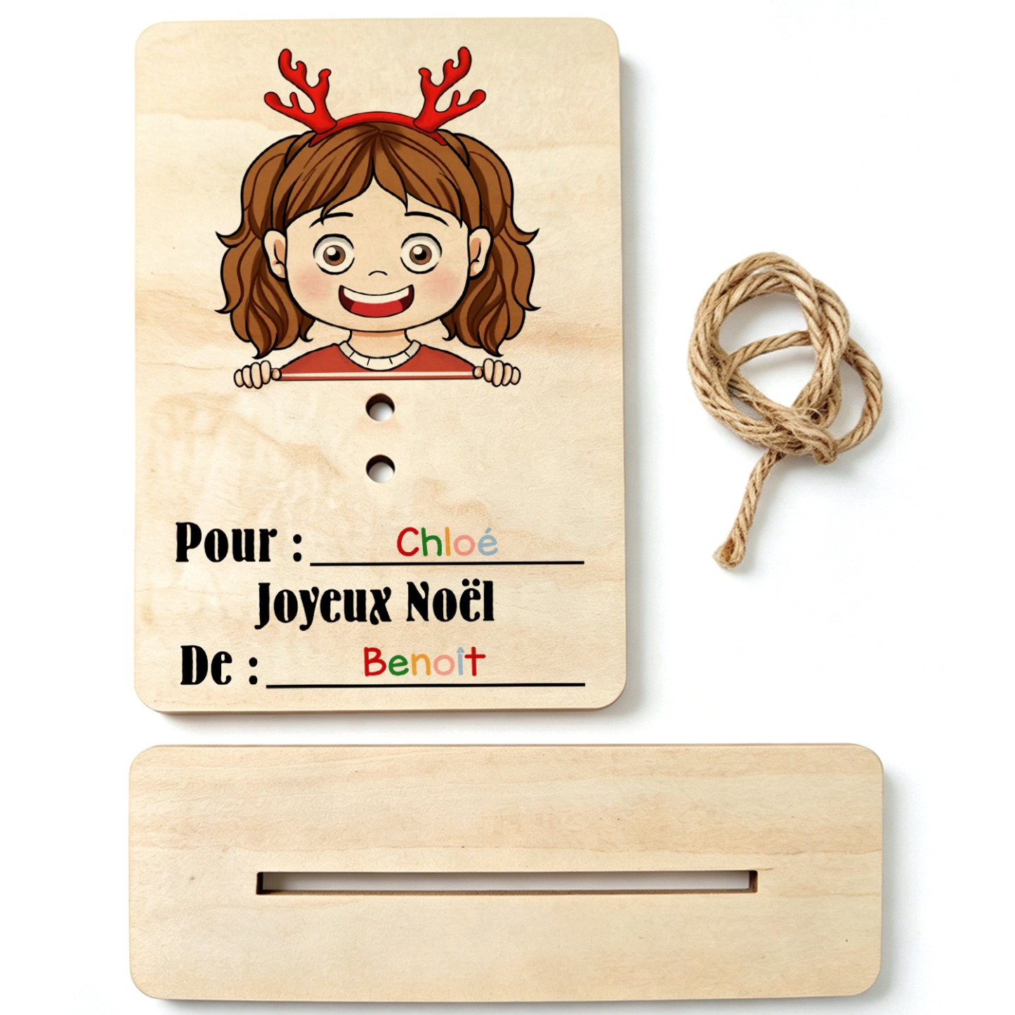 Porte-Billet de Noël Personnalisé en Bois avec 2 Prénoms – Carte Cadeau Argent pour Enfant