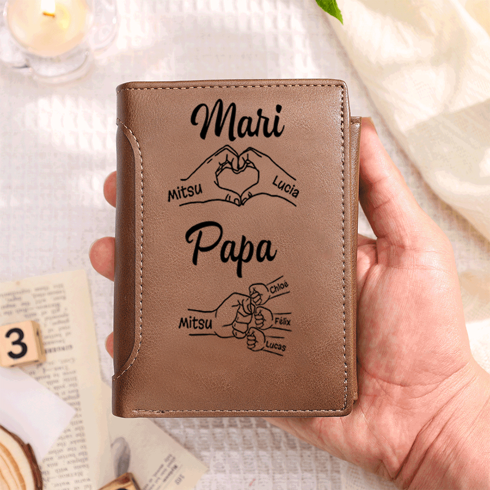 Portefeuille Classique Personnalisé en cuir pour Homme, 1-8 Prénoms d'enfants avec Poing, Cadeau pour la Fête des Pères | Jessemade