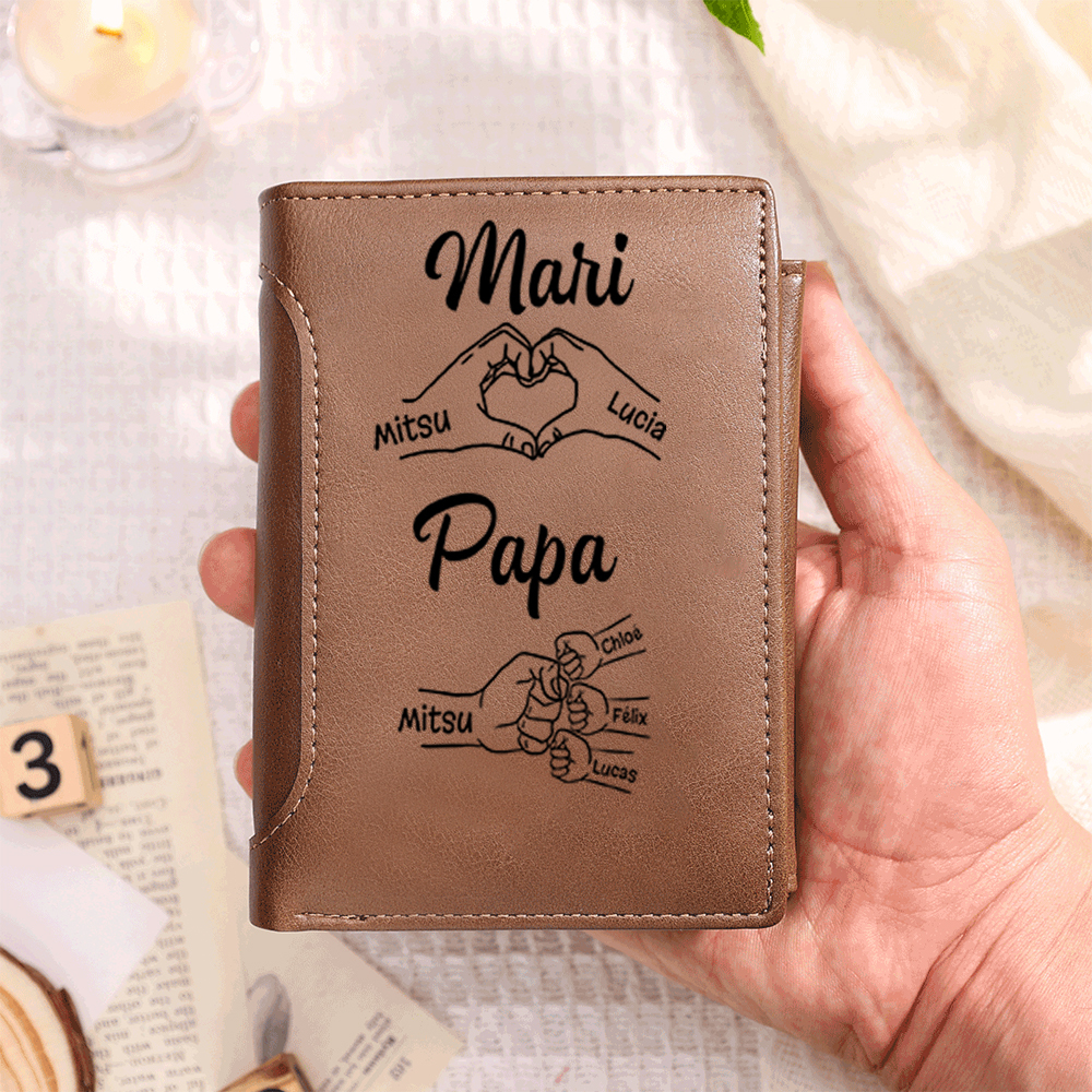 Portefeuille Classique Personnalisé en cuir pour Homme, 1-8 Prénoms d'enfants avec Poing, Cadeau pour la Fête des Pères | Jessemade