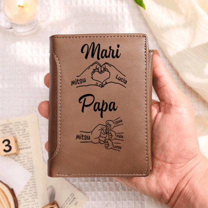 Portefeuille Classique Personnalisé en cuir pour Homme, 1-8 Prénoms d'enfants avec Poing, Cadeau pour la Fête des Pères | Jessemade