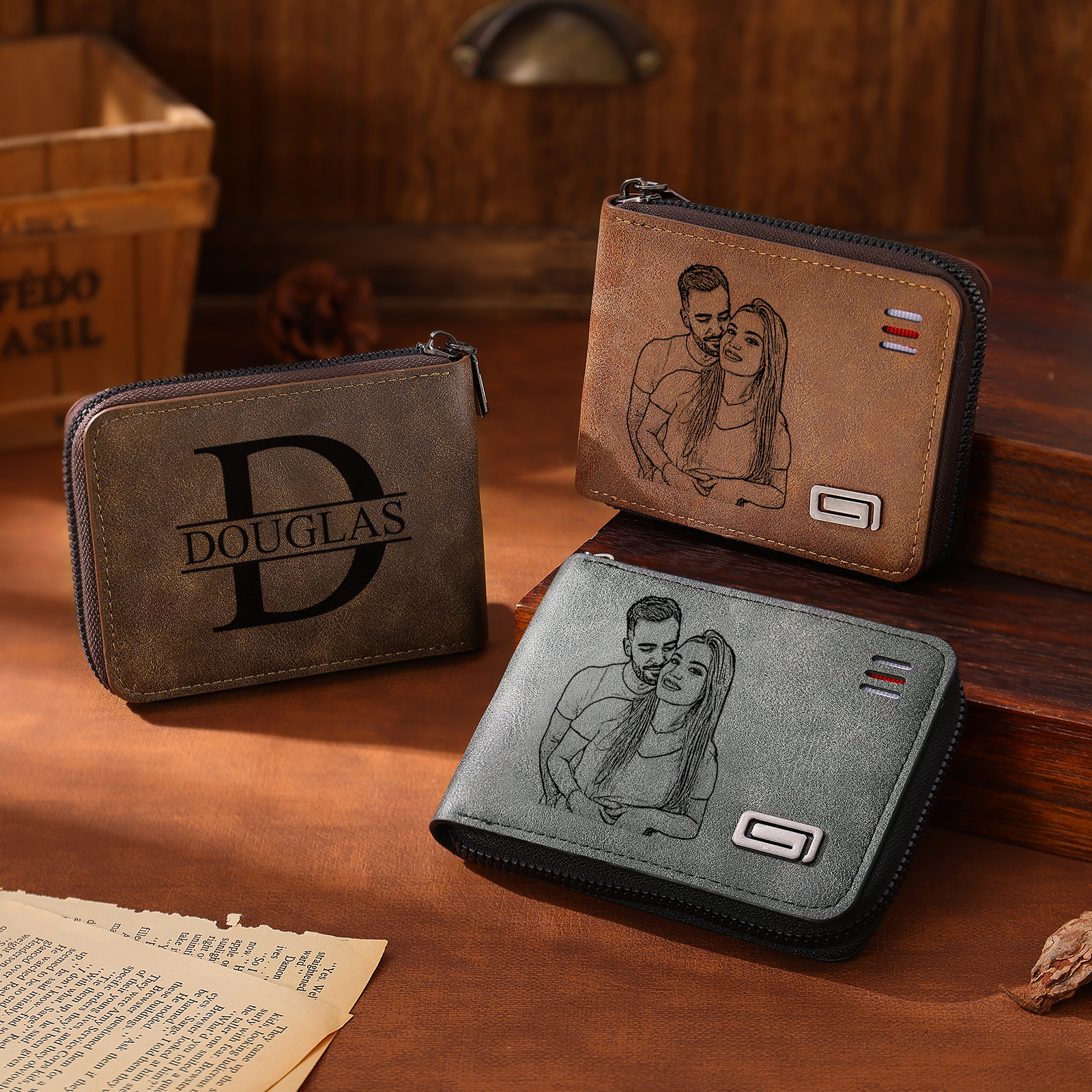 Portefeuille homme personnalisé en cuir PU avec fermeture éclair – avec photo, calendrier ou prénom