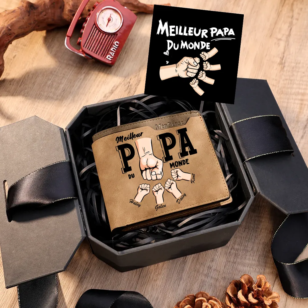 Portefeuille  « Meilleur Papa du Monde » Personnalisé avec 1-6 Prénoms Portefeuille Poing en cuir PU Cadeau Fête des Pères | Jessemade