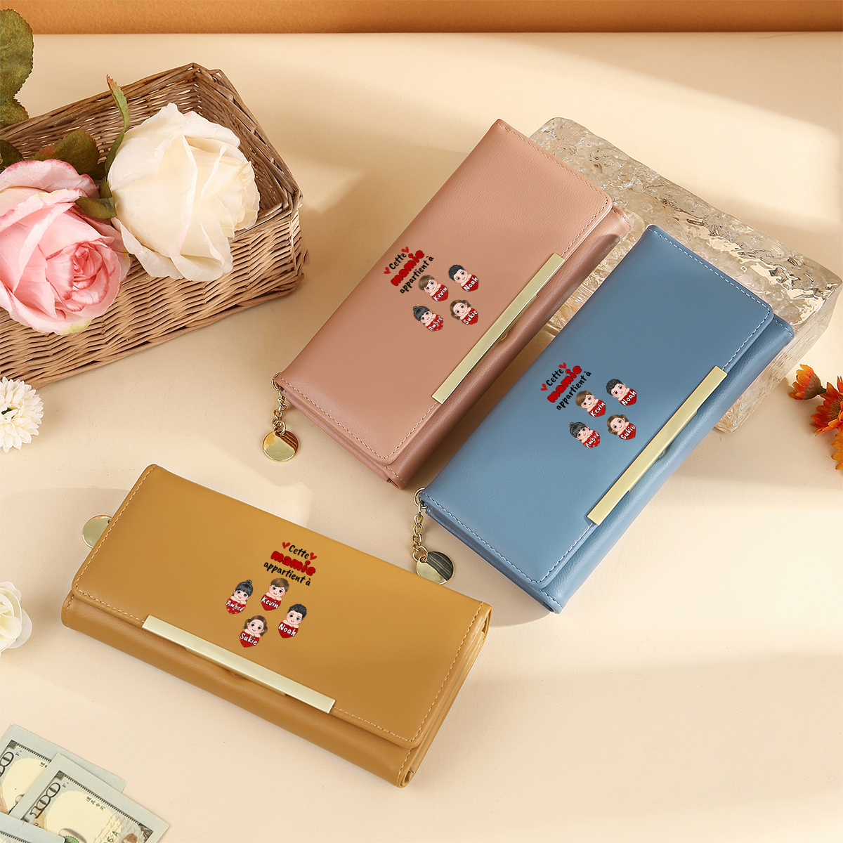 À Maman/Mamie -Portefeuille Personnalisé Long en Cuir PU avec 6 Prénoms Porte-monnaie Rose/Bleu/Jaune | Jessemade