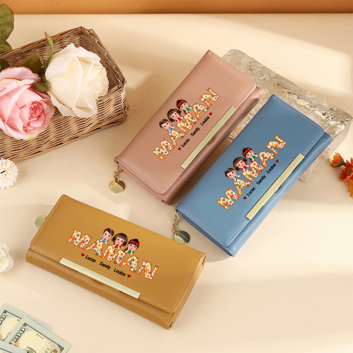 [Copy]À Maman/Mamie -Portefeuille Personnalisé avec 1-10 Prénoms et Enfants Porte-Monnaie Long en Cuir en Rose/Bleu/Jaune | Jessemade