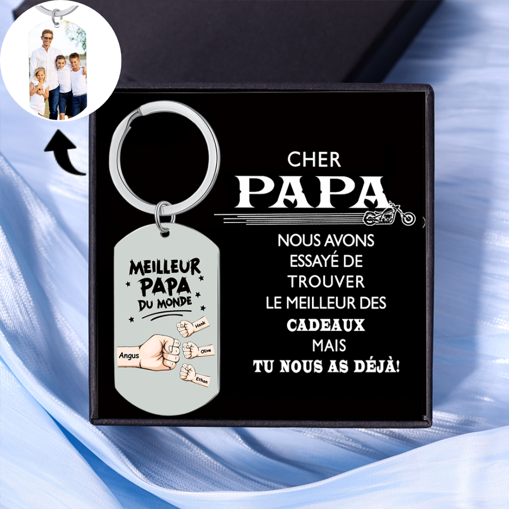 À mon Papa - Porte-Clés Personnalisé avec 2-5 Prénoms et Poings avec 1 Photo Cadeau pour “Meilleur Papa du Monde” | Jessemade