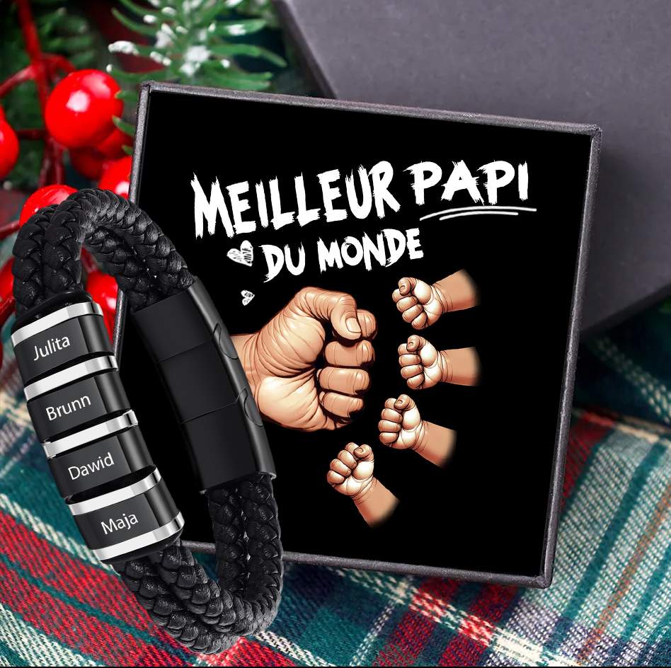 Bracelet Personnalisé Homme – Cuir Tressé Noir pour Papi/Papy