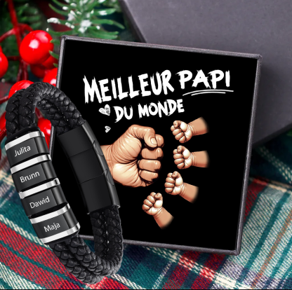 Bracelet Personnalisé Homme – Cuir Tressé Noir pour Papi/Papy
