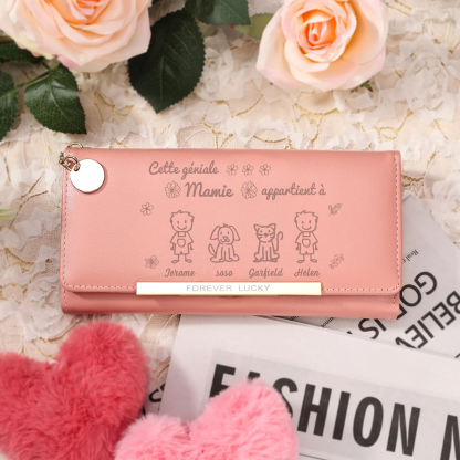 À Mamie - Portefeuille Femme Personnalisé long en Cuir PU avec 2-6 Dessins et Prénoms Porte-monnaie pour Mamie | Jessemade