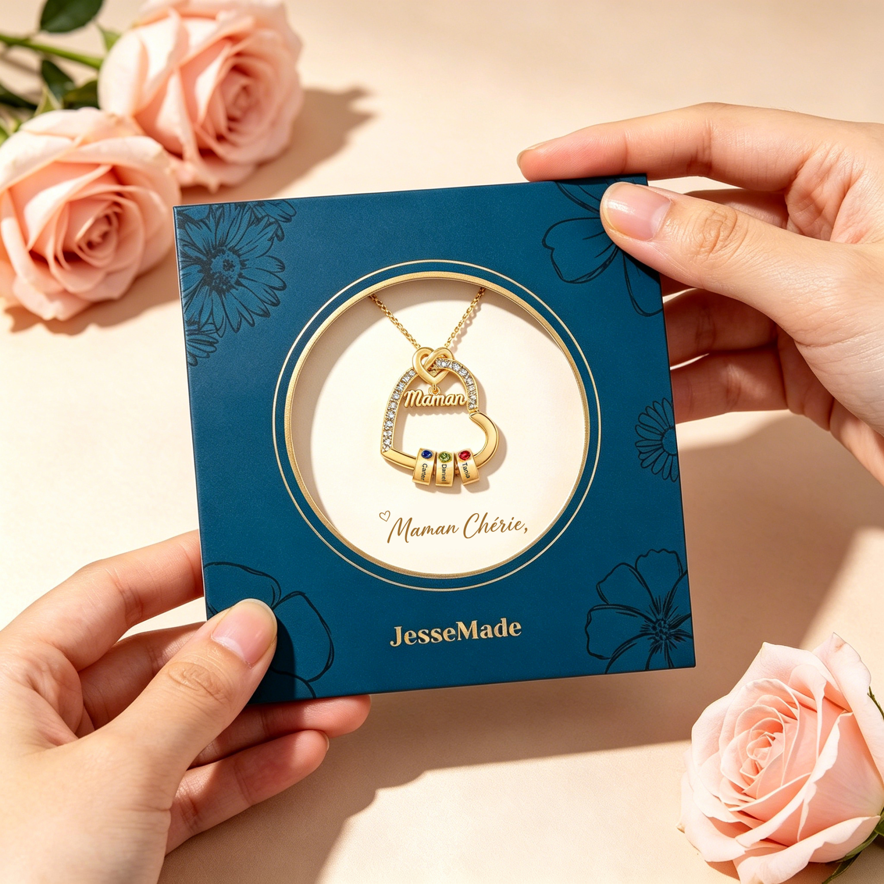 Collier Cœur Maman Personnalisé avec 1-6 Prénoms et Pierres de Naissance, Cadeau Fête des Mères