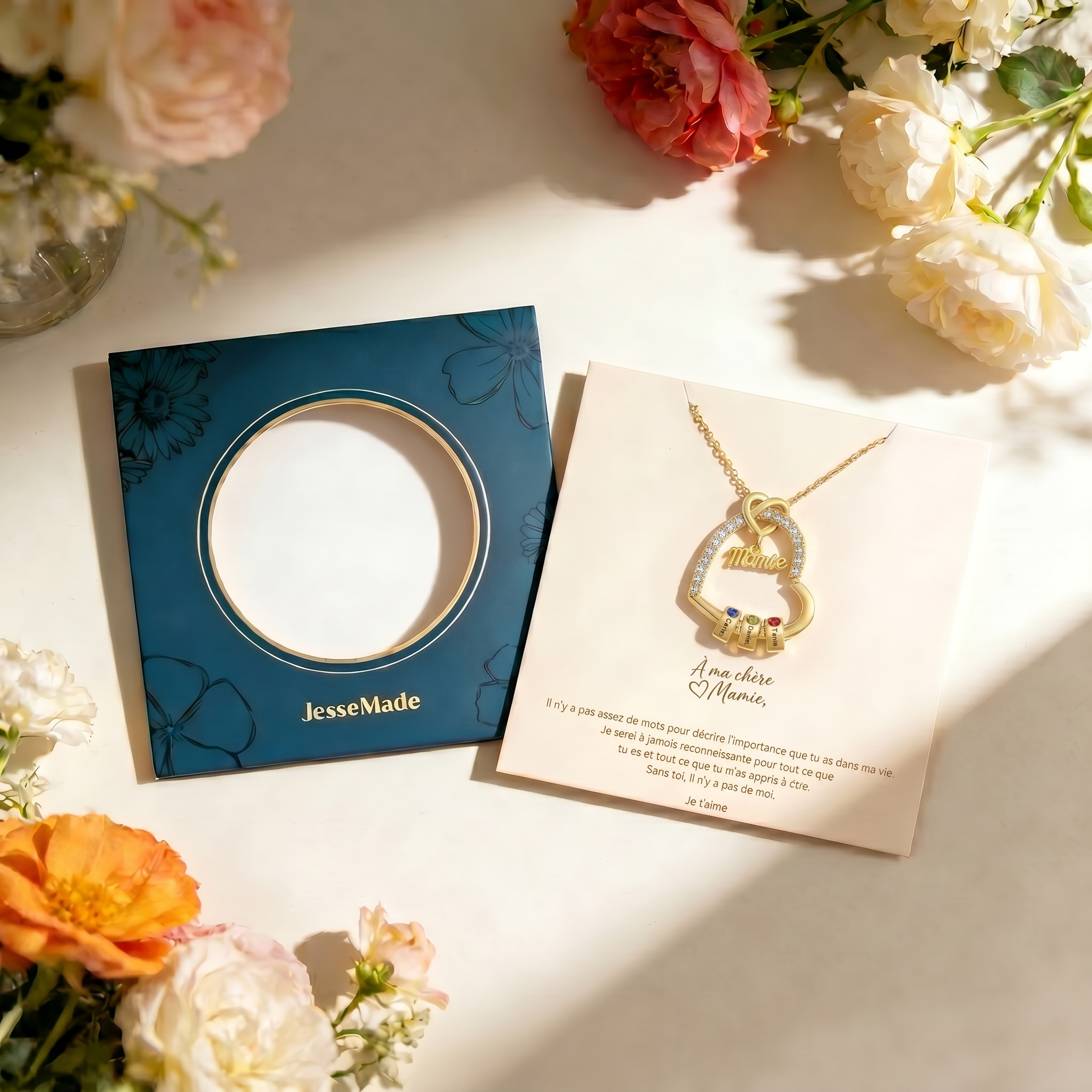 Collier Cœur Mamie Personnalisé avec 1-7 Prénoms et Pierres de Naissance Collier pour Grand-Mères