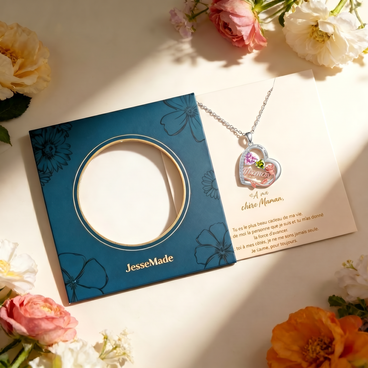 Collier Maman Personnalisé avec Bicolore Cœur et Rose, 1-4 Prénoms et Pierres de naissance
