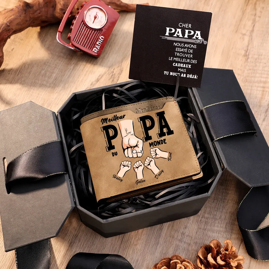 Portefeuille  « Meilleur Papa du Monde » Personnalisé avec 1-6 Prénoms Portefeuille Poing en cuir PU Cadeau Fête des Pères | Jessemade