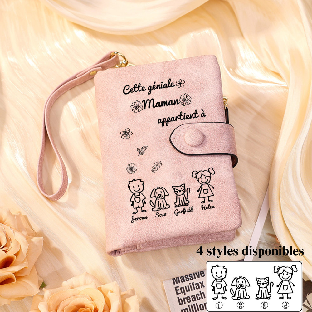 À Maman Portefeuille Personnalisé en Rose avec 4 Prénoms et Enfants Cadeau pour Maman | Jessemade