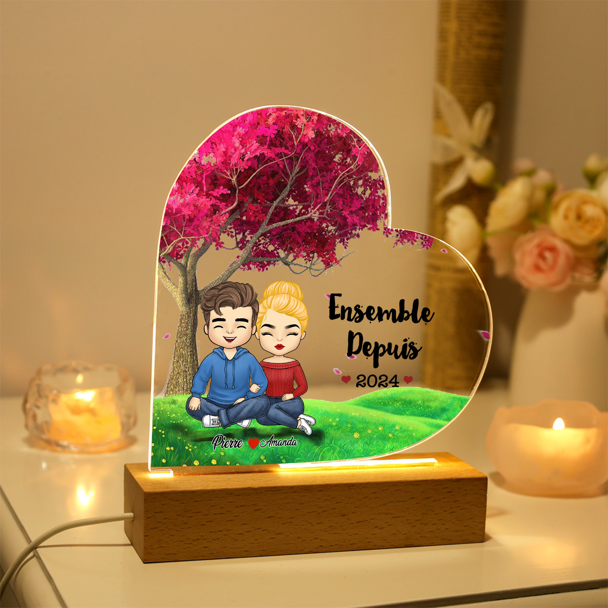 Lampe de chevet LED 2 prénoms personnalisés avec texte amoureux | Jessemade