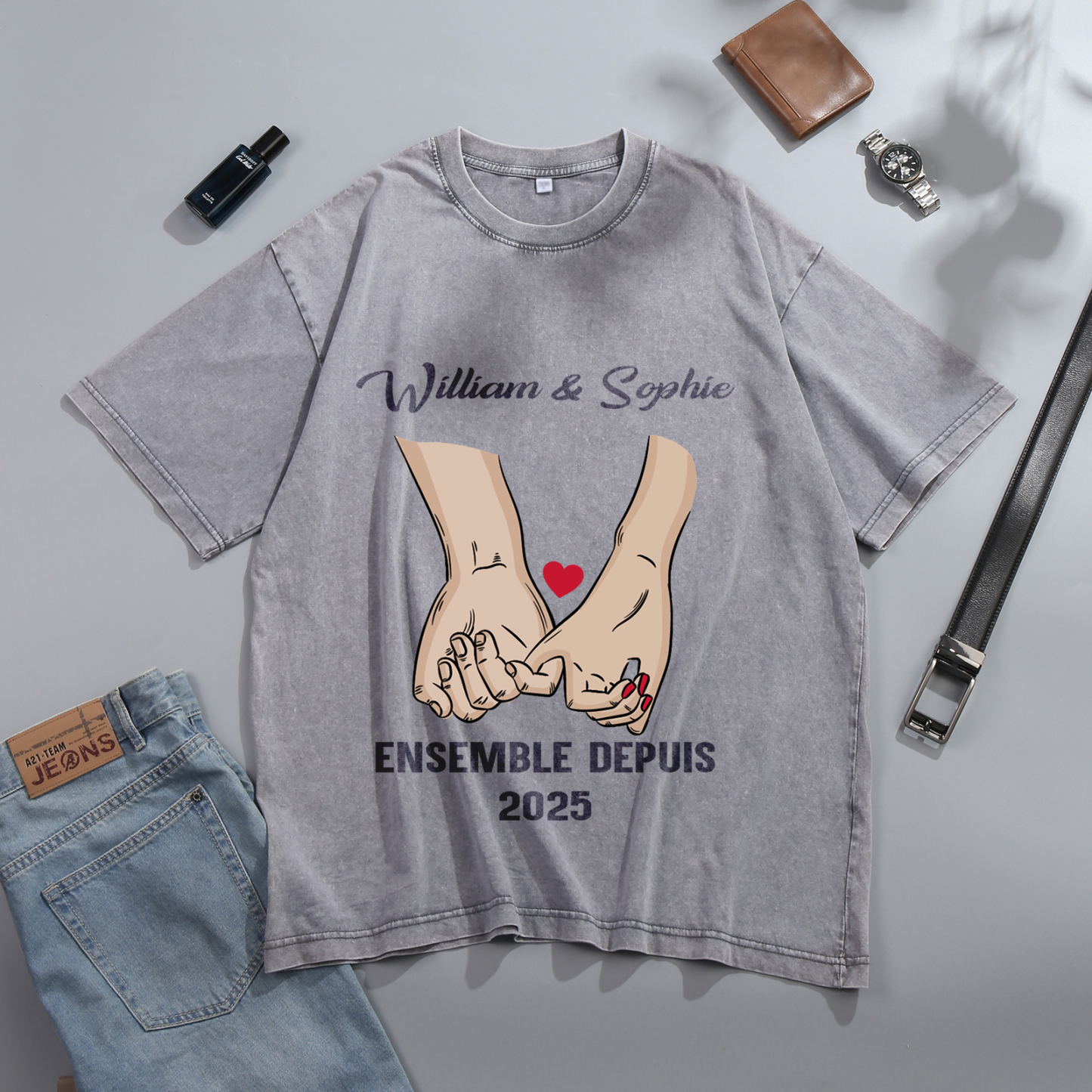 T-Shirt Personnalisé avec Année et 2 Prénoms T-Shirt en gris pour Couple | Jessemade