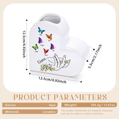 Vase Cœur en Céramique Personnalisé avec 2-8 Prénoms et Papillons