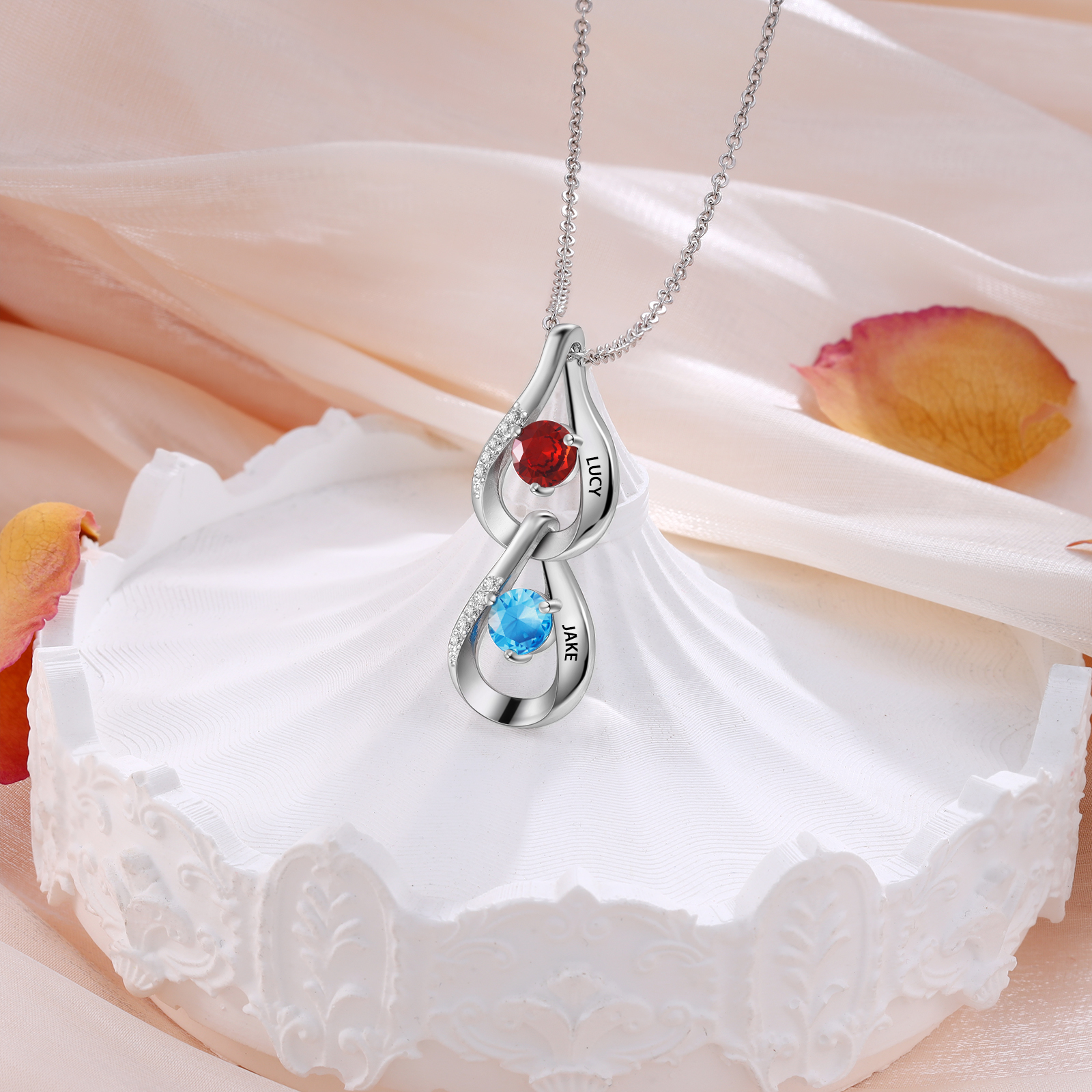 Collier Pendentif Goutte d'eau 2 Prénoms Personnalisés avec Pierres de naissance