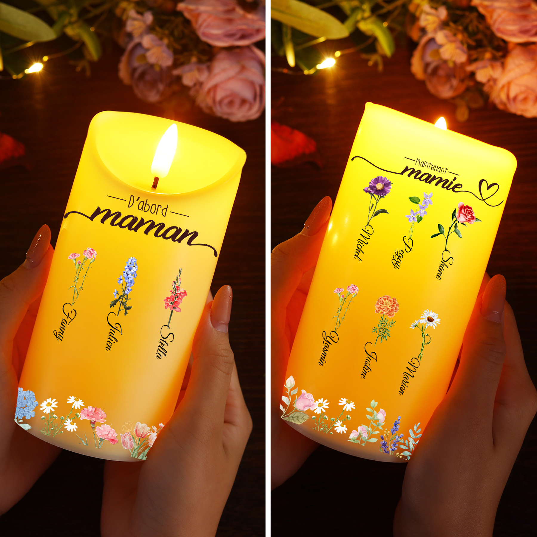 À ma Maman/Mamie-Bougie LED 2-10 Prénoms Personnalisés avec Fleur de Naissance Bougie Électronique | Jessemade