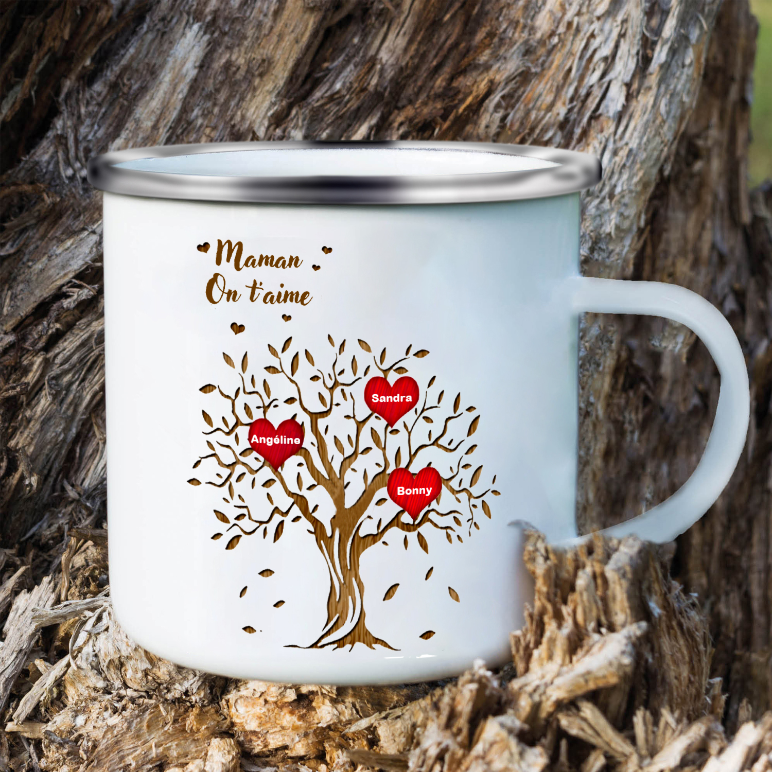 À Ma Maman/Mamie - Tasse émaillée d'Arbre de vie 3 Prénoms Personnalisés
