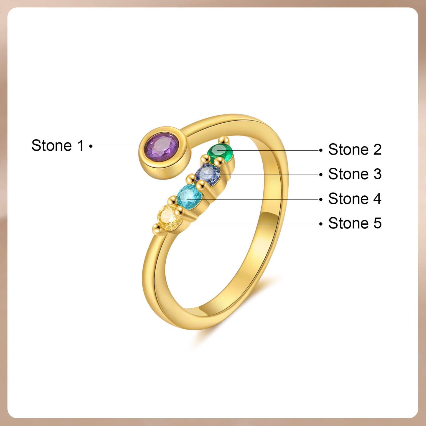 Bague Ouverte 5 Pierres de naissance Personnalisées pour Femmes